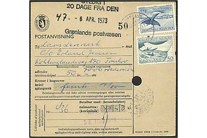 1 kr. Grønlandshval og 50 øre Kajakpost på postanvisning fra Jakobshavn d. 30.3.1973 til Fredericia.