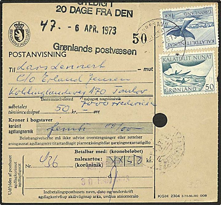 1 kr. Grønlandshval og 50 øre Kajakpost på postanvisning fra Jakobshavn d. 30.3.1973 til Fredericia.