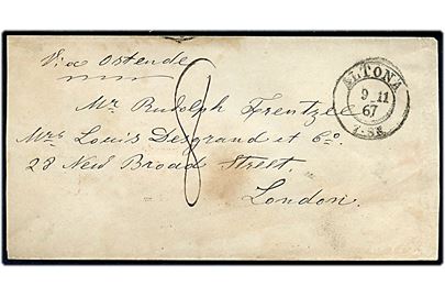 1867. Ufrankeret portobrev med 2-ringsstempel Altona d. 9.11.1867 til London, England. Påskrevet via Ostende og 8 p. britisk porto. 
