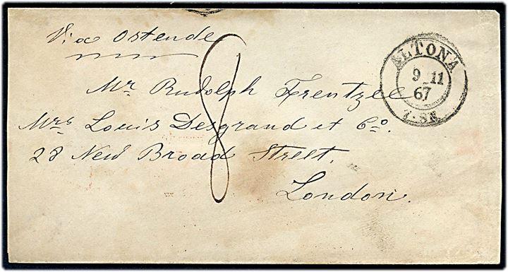 1867. Ufrankeret portobrev med 2-ringsstempel Altona d. 9.11.1867 til London, England. Påskrevet via Ostende og 8 p. britisk porto. 