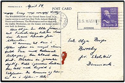 3 cents Jefferson på brevkort (United States Lines S/S Washington) annulleret med skibsstempel U.S. Ger. Sea Post / S.S. Washington d. 14.4.1939 til Borreby pr. Skælskør, Danmark.