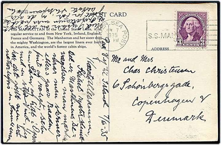 3 cents Washington på brevkort (United States Lines S/S Manhattan) annulleret med skibsstempel U.S. Ger. Sea Post / S.S.Manhattan d. 7.6.1935 til København, Danmark.
