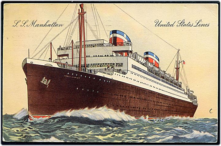 3 cents Washington på brevkort (United States Lines S/S Manhattan) annulleret med skibsstempel U.S. Ger. Sea Post / S.S.Manhattan d. 7.6.1935 til København, Danmark.