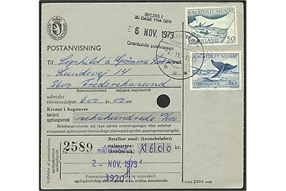 1 kr. Grønlandshval og 50 øre Kajakpost på postanvisning fra Julianehåb d. 2.11.1973 til Frederikssund.