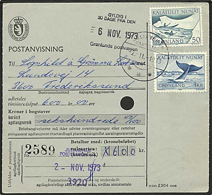 1 kr. Grønlandshval og 50 øre Kajakpost på postanvisning fra Julianehåb d. 2.11.1973 til Frederikssund.