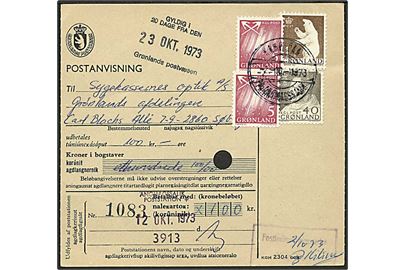 5 øre Nordlys (2), 40 øre Fr. IX og 1 kr. Isbjørn på postanvisning annulleret med pr.-stempel Kap Dan pr. Angmagssalik d. 2.10.1973 til Søborg.
