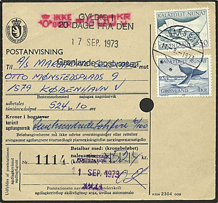 1 kr. Grønlandshval og 50 øre Kajakpost på postanvisning fra Narssaq d. 11.9.1973 til København.