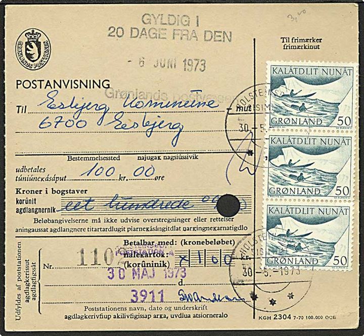 50 øre Kajakpost i 3-stribe på postanvisning fra Holsteinsborg d. 30.5.1973 til Esbjerg.