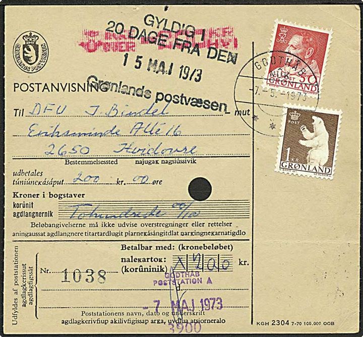 50 øre Fr. IX og 1 kr. Isbjørn på postanvisning fra Godthåb d. 7.5.1973 til Hvidovre.