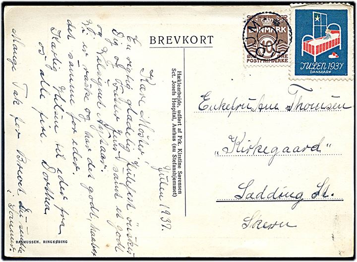 10 øre Bølgelinie og Julemærke 1937 på julekort annulleret med udslebet stjernestempel LYDUM til Sædding St.