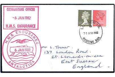 Britisk 2½d og 11½d Elizabeth på filatelistisk brev med skibsstempel fra det britiske arktiske patruljeskib H.M.S. Endurance (ex. Anita Dan) og rammestempel Commanding Officer H.M.S. Endurance d. 6.1.1982 annulleret London I.S. Maritime Mail d. 31.3.1982 til St. Leonards-on-Sea, England. Interessant brev afsendt fra Falklands øerne og annulleret i London kun 3 dage før den argentinske invasion. HMS Endurance og mandskab fra Royal Marine forsøgte forgæves at afværge den argentinske invasion af South Georgia d. 3.4.1982.