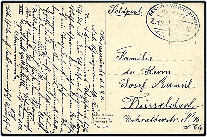 Ufrankeret feltpostkort (Ostseebad Warnemünde) fra torpedo-matrose ombord på Torpedoboot 158, VII Torpedoboots Halbflottille med bureaustempel Berlin - Warnemünde Bahnpost Zug 12 d. 5.8.1916 til Düsseldorf.