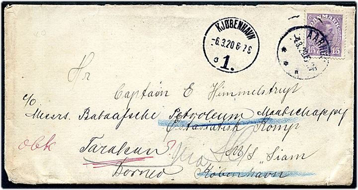 15 øre Chr. X på brev fra Aarhus d. 4.3.1930 til sømand ombord på M/S Siam via rederiet Ø.K. i København - eftersendt til Tarakan, Borneo, Hollandsk Ostindien. Mange transit stempler, men ikke udtakseret i porto.