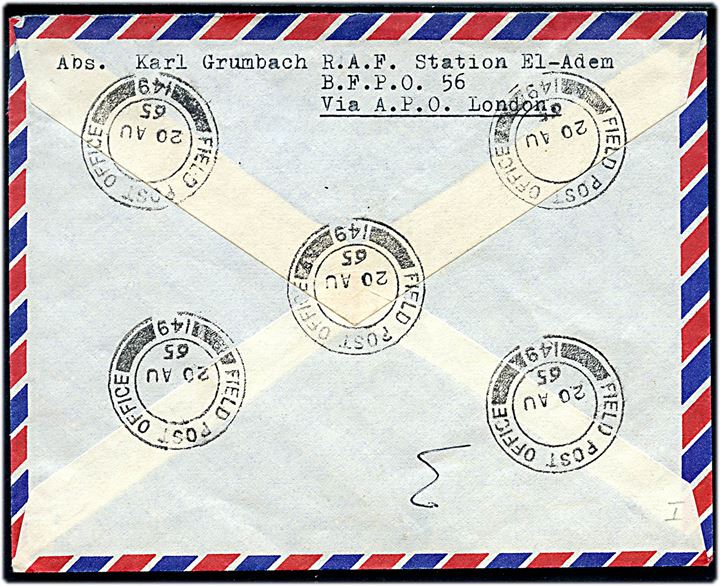 3d Elizabeth og 2/6 sh. 700th Anniv. of Parliament på anbefalet luftpostbrev annulleret med feltpost stempel Field Post Office 149 (= RAF Station El-Adem, BFPO 56 i Libyen) d. 20.8.1965 til Hamburg, Tyskland.