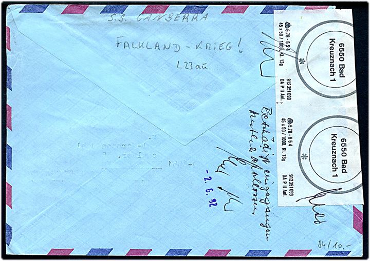 6d og 9d Elizabeth på luftpostbrev stemplet London Maritime Mail d. 26.5.1982 og sidestemplet S.S. Canberra til Tyskland. Indgået beskadiget og lukket med postal lukkebanderole i Bad Kreuznach. S.S. Canberra var et passagerskib som i forbindelse med Falklandskrigen blev chartret af Royal Navy som troppetransportskib.