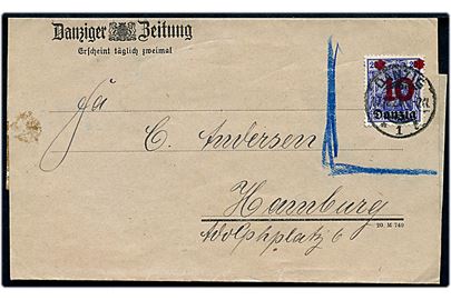 10/20 pfg. Danzig provisorium markeret ugyldig på korsbånd fra Danziger Zeitung stemplet Danzig d. 17.12.1920 til Hamburg. Ikke udtakseret i porto.