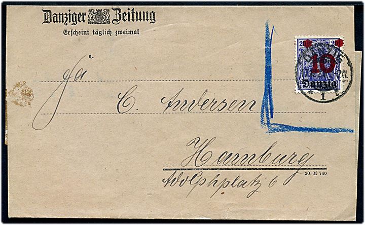 10/20 pfg. Danzig provisorium markeret ugyldig på korsbånd fra Danziger Zeitung stemplet Danzig d. 17.12.1920 til Hamburg. Ikke udtakseret i porto.