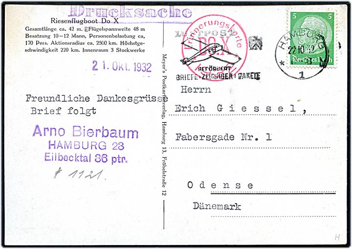 5 pfg. Hindenburg på brevkort (Dornier Do X i Hamburg) sendt som tryksag fra Hamburg d. 22.10.1932 og sidestemplet Erinnerungskarte Do X 1932 til Odense, Danmark.