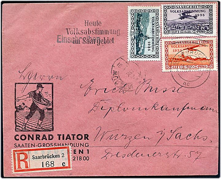 25 c., 60 c. og 1 fr. Volksabstimmung 1935 provisorium på anbefalet brev fra Saarbrücken d. 13.1.1935 med sidestempel Heute Volksanbstimmung Saargebiet” til Wurzen, Tyskland.