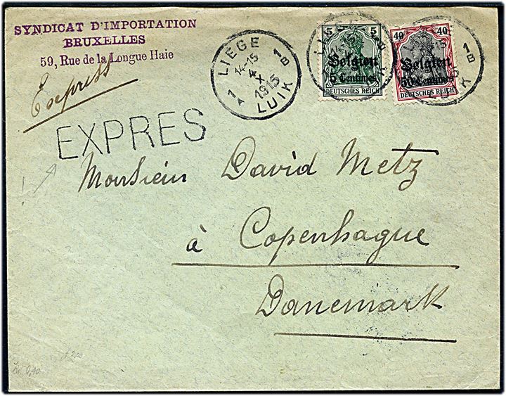 Tysk post i Belgien. 5 c./5 pfg. og 50 c./40 pfg. Belgien provisorium på ekspresbrev fra Liege d. 4.10.1915 til København, Danmark. 