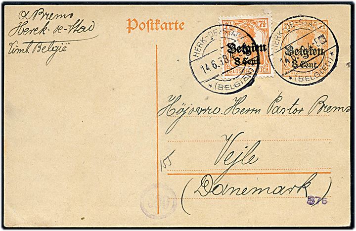 Tysk post i Belgien. 8 c./7½ pfg. Belgien provisorisk helsagsbrevkort opfrankeret med 8 c./7½ pfg. fra Herk-de-Stad (Belgien) d. 14.6.1918 til Vejle, Danmark.