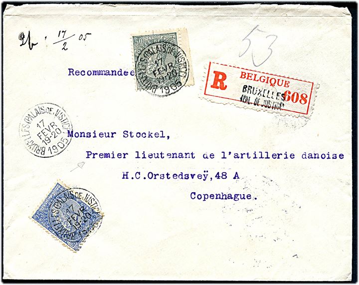 25 c. og 50 c. Leopold på anbefalet brev stemplet Bruxelles (Palais de Justice) d. 17.2.1905 til dansk premier Lieutnant Stockel i København, Danmark. Johan Stöckel (1867-1959) var i årene 1892-94 officer i Congostatens tjeneste, hvor han blev såret. Senere i 1903–04 var han engageret af det belgiske finansdepartement som opdagelsesrejsende og gennemvandrede bl.a. Centralafrika. 