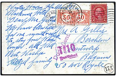 2 cents Washington på underfrankeret brevkort fra Winter Haven d. x.3.1937 til Antwerpen, Belgien. Udtakseret i porto med belgisk 30 c. (2) Portomærker.
