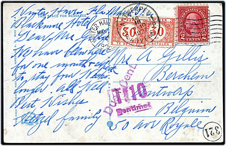2 cents Washington på underfrankeret brevkort fra Winter Haven d. x.3.1937 til Antwerpen, Belgien. Udtakseret i porto med belgisk 30 c. (2) Portomærker.