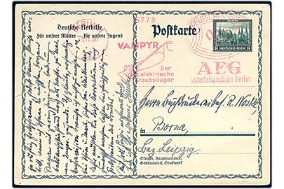 8 pfg. Deutsche Nothilfe helsagsbrevkort annulleret med firmafranko med reklame for støvsuger fra AEG i Berlin d. 13.11.1930 til Borna.
