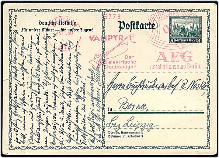 8 pfg. Deutsche Nothilfe helsagsbrevkort annulleret med firmafranko med reklame for støvsuger fra AEG i Berlin d. 13.11.1930 til Borna.