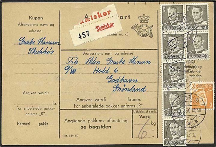 30 øre og 50 øre (7) Fr. IX på adressekort for pakke fra Skælskør d. 29.2.1950 (Skuddag!) til Godhavn, Grønland.