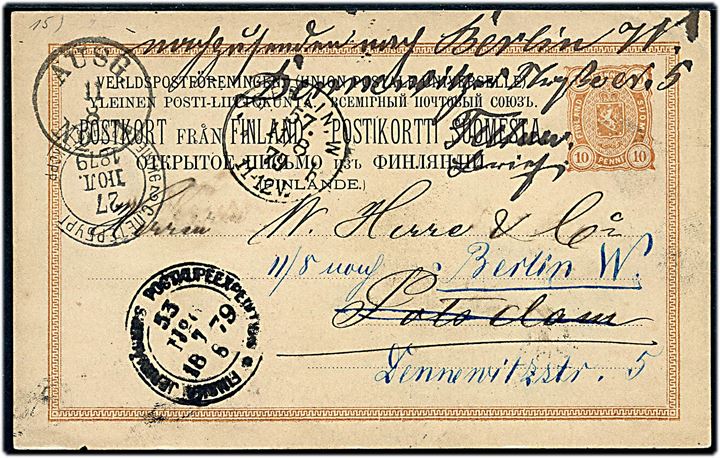 10 pen. helsagsbrevkort fra Åbo annulleret med bureaustempel Finska Järnvägens Postkupéexpedition No. 6 (Stations-nr. 53) d. 7.8.1879 via St. Petersburg til Potsdam, Tyskland - eftersendt til Berlin.