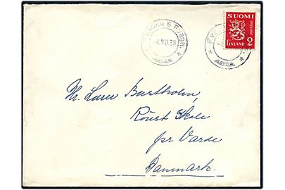 2 mk. Løve på brev annulleret med 2-sproget bureaustempel P. Vagn. 5 d. 4.7.1938 til Varde, Danmark.