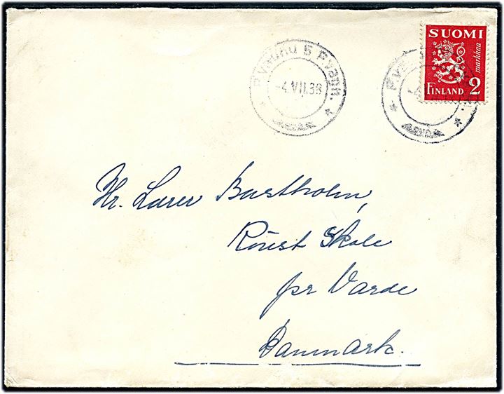 2 mk. Løve på brev annulleret med 2-sproget bureaustempel P. Vagn. 5 d. 4.7.1938 til Varde, Danmark.