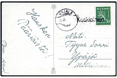 50 pen. Løve på brevkort annulleret med liniestempel Koskioinen og sidestemplet Urjala d. 2?.3.193? til Ypäjä.