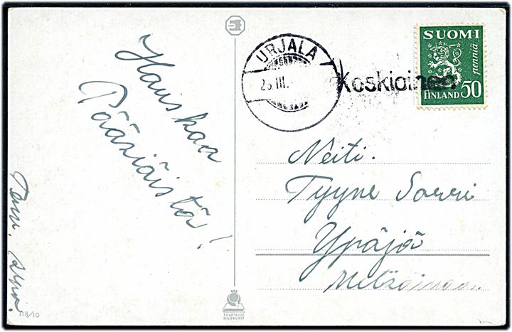 50 pen. Løve på brevkort annulleret med liniestempel Koskioinen og sidestemplet Urjala d. 2?.3.193? til Ypäjä.