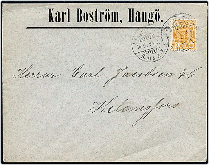 20 pen. Våben på fortrykt kuvert fra Hangö annulleret med bureaustempel Postilj. k. H.-H. (= Hangö-Helsingfors) d. 14.4.1898 til Helsingfors.