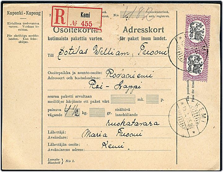 5 mk. Løve i parstykke på adressekort for anbefalet pakke fra Kemi d. 15.1.1925 til soldat ved Roi-Lappi i Rovaniemi. På bagsiden officiel militært ank.stempel fra Laplands Grænsevagt: Lapin Rajavartiosato / Roi/Lappi.