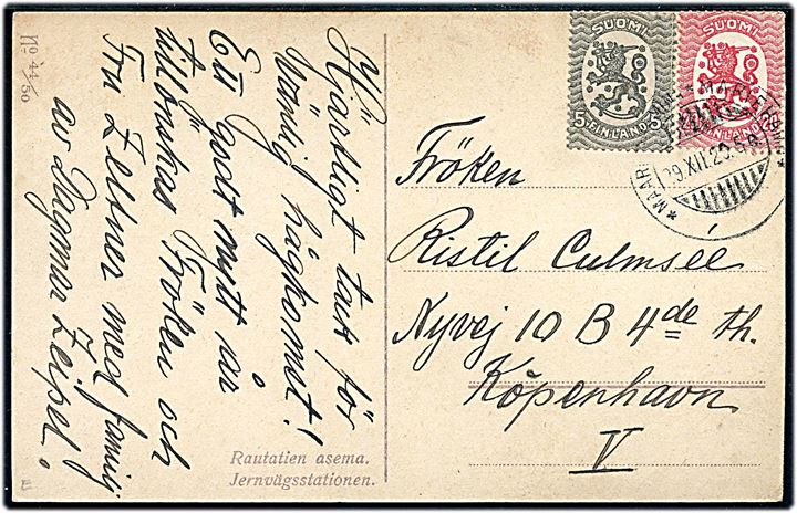 5 pen. og 20 pen. Løve på brevkort annulleret med udslebet 2-sproget stempel Mariehamn d. 29.12.1920 til København. Sendt fra Dagmar Zeipel, den kvindelige chef for Mariehamn Telegrafkontor.