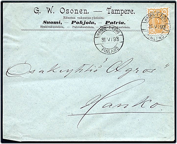 10 pen. Våben på brev fra Tampere annulleret med bureaustempel H:Fors - T:Fors Finland d. 30.6.1893 til Hanko.