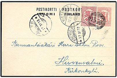 10 pen Løve helsagsbrevkort opfrankeret med 10 pen. Løve dateret Monikkala annulleret med nr.stempel 1569 og sidestemplet Hietanen d. 12.11.1918 til Hirvensalmi.