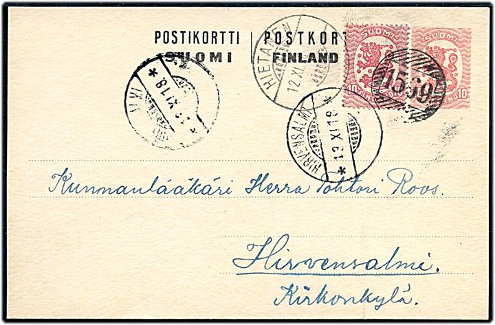 10 pen Løve helsagsbrevkort opfrankeret med 10 pen. Løve dateret Monikkala annulleret med nr.stempel 1569 og sidestemplet Hietanen d. 12.11.1918 til Hirvensalmi.