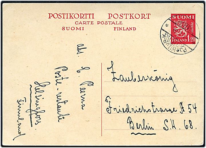 1,20 mk. Løve helsagsbrevkort dateret Parwo (?) annulleret med udslebet bureaustempel Postilj. v. B.-K. (= Borgå - Kervo) d. 1.10.1930 til Berlin, Tyskland.