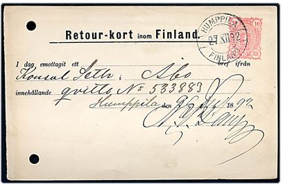 10 pen. Våben helsags indenrigs retur-kort annulleret Humppila Finland d. 27.12.1892 til Åbo. To arkivhuller.