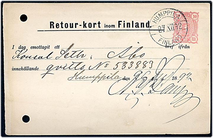 10 pen. Våben helsags indenrigs retur-kort annulleret Humppila Finland d. 27.12.1892 til Åbo. To arkivhuller.