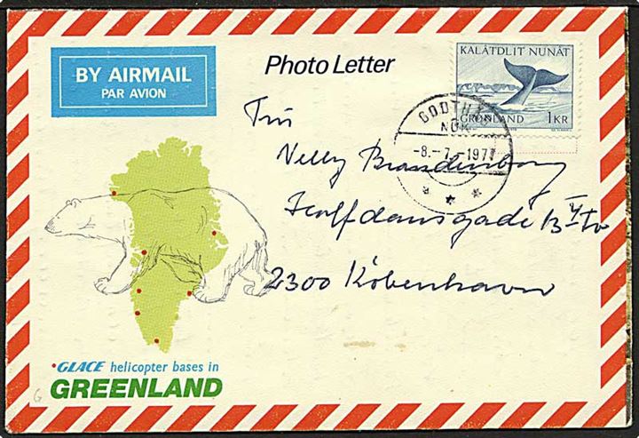 1 kr. Grønlandshval på Photo Letter (Glace Helicopter bases in Greenland) fra Godthåb d. 8.7.1977 til København.