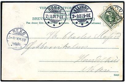 5 øre Chr. IX på brevkort annulleret med stjernestempel SANDVIG og sidestemplet Allinge d. 2.9.1906 via Rønne til Neksø.