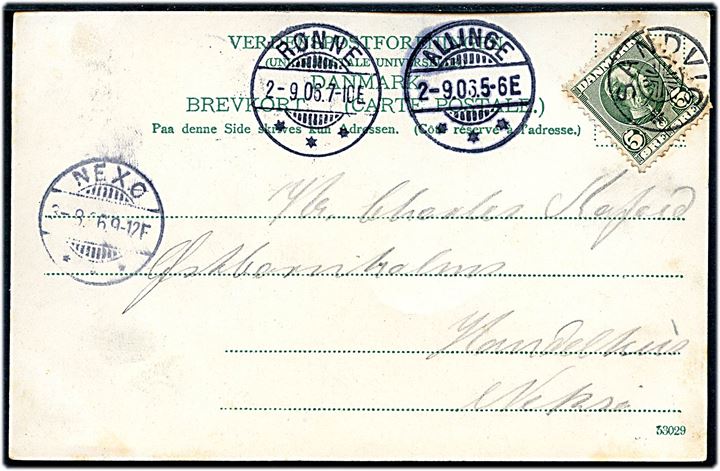 5 øre Chr. IX på brevkort annulleret med stjernestempel SANDVIG og sidestemplet Allinge d. 2.9.1906 via Rønne til Neksø.