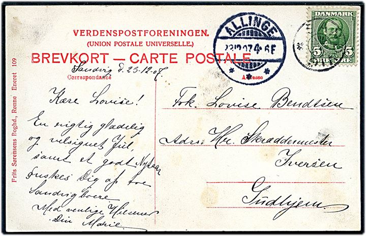5 øre Fr. VIII på brevkort annulleret med stjernestempel SANDVIG og sidestemplet Allinge d. 23.12.1907 til Gudhjem.
