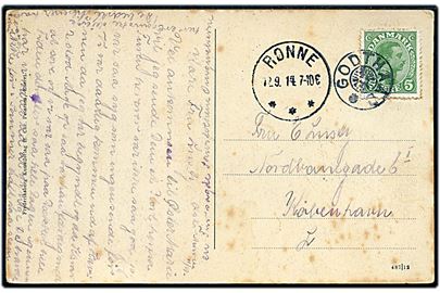 5 øre Chr. X på brevkort annulleret med stjernestempel GODTHAAB og sidestemplet Rønne d. 12.9.1914 til København.